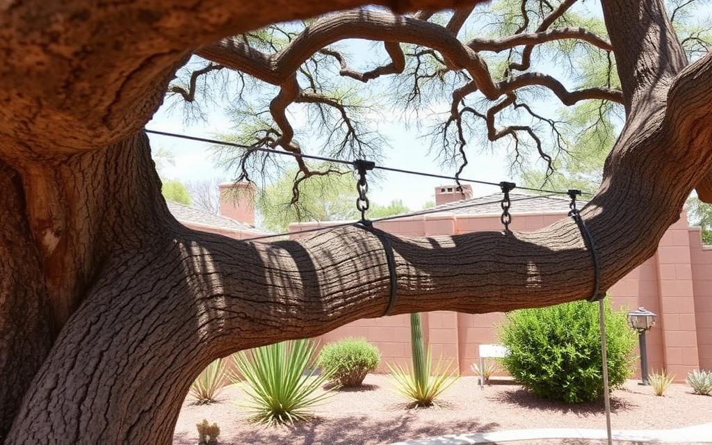 Steel cable bracing system installed between heavy limbs of a mature tree in an El Paso yard