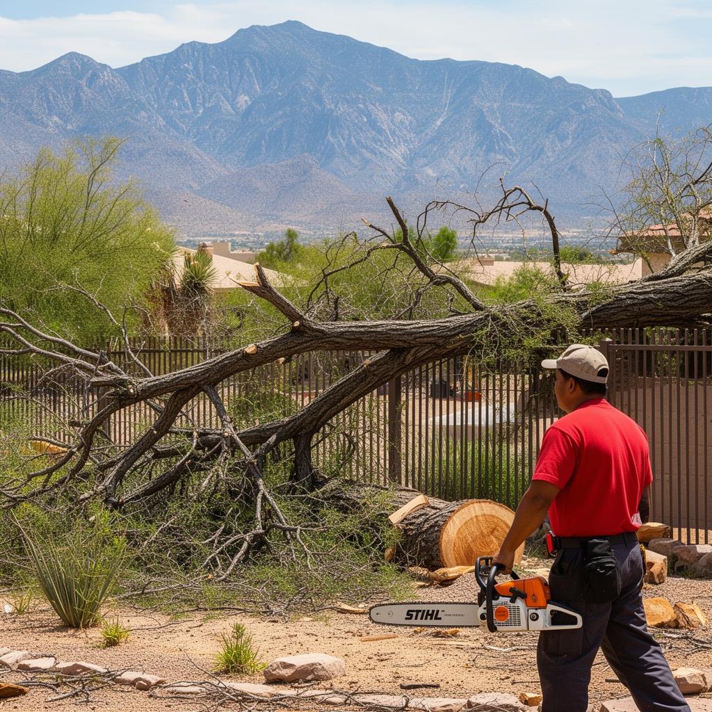 Storm-damaged tree fallen on a fence in El Paso with emergency tree crew responding