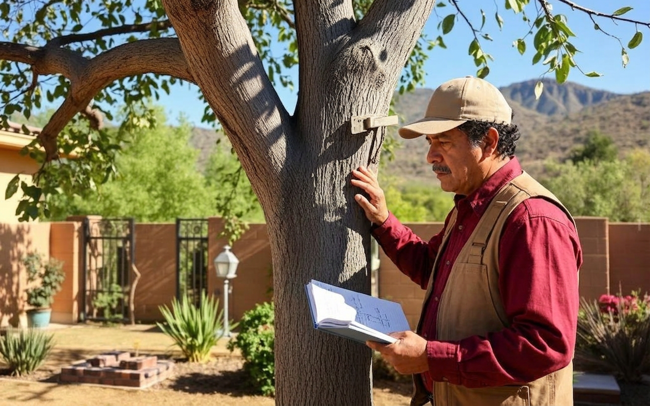 Arborist inspecting a mature tree trunk in an El Paso yard near the Franklin Mountains