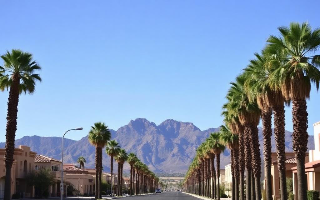 Mexican fan palm trees lining a street in El Paso, Texas with the Franklin Mountains in the background