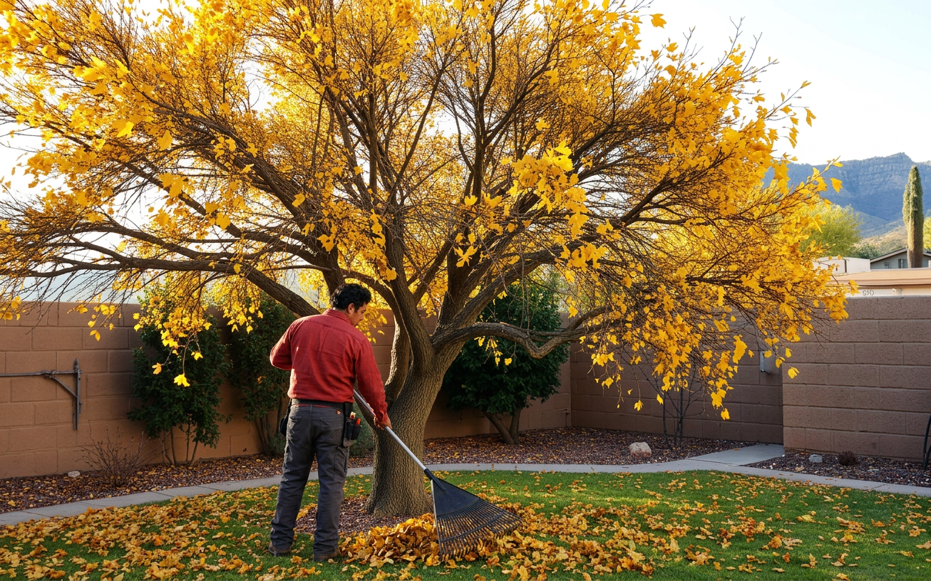 Hispanic arborist in a red shirt performing seasonal maintenance on a tree in an El Paso yard