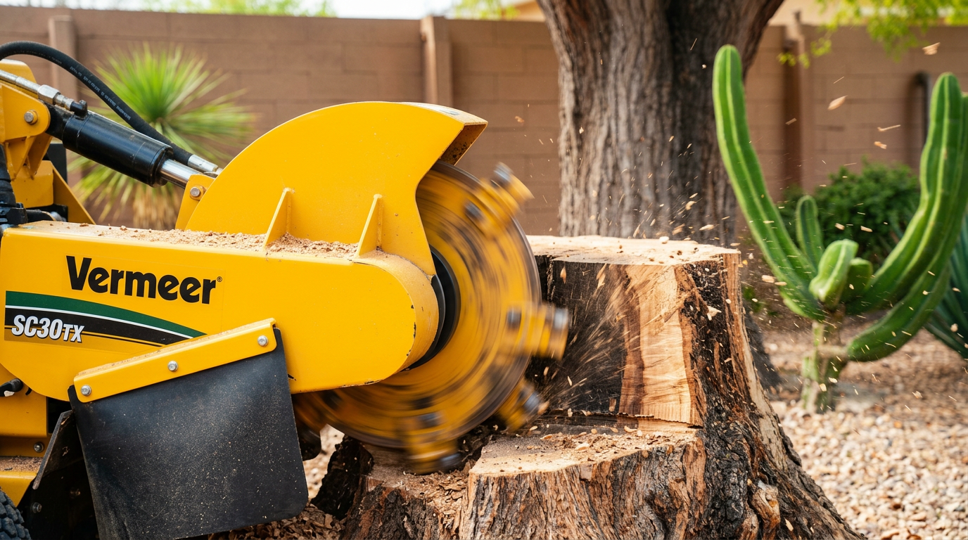 Yellow stump grinder grinding down a tree stump in an El Paso backyard with desert landscaping