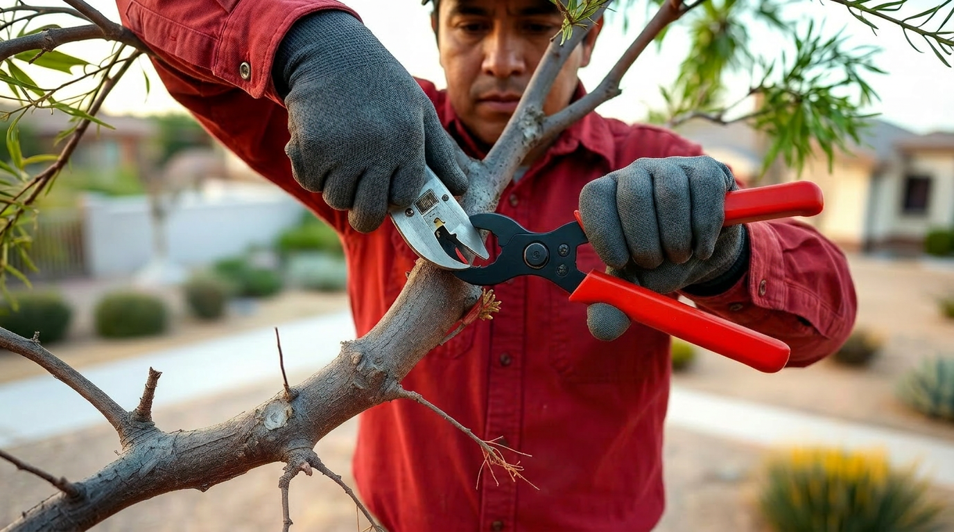 Close-up of an arborist making a clean pruning cut on a tree branch in an El Paso yard