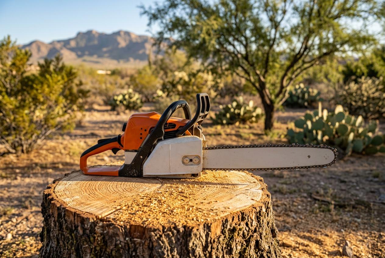 Tree removal crew taking down a large tree at an El Paso home with the Franklin Mountains behind