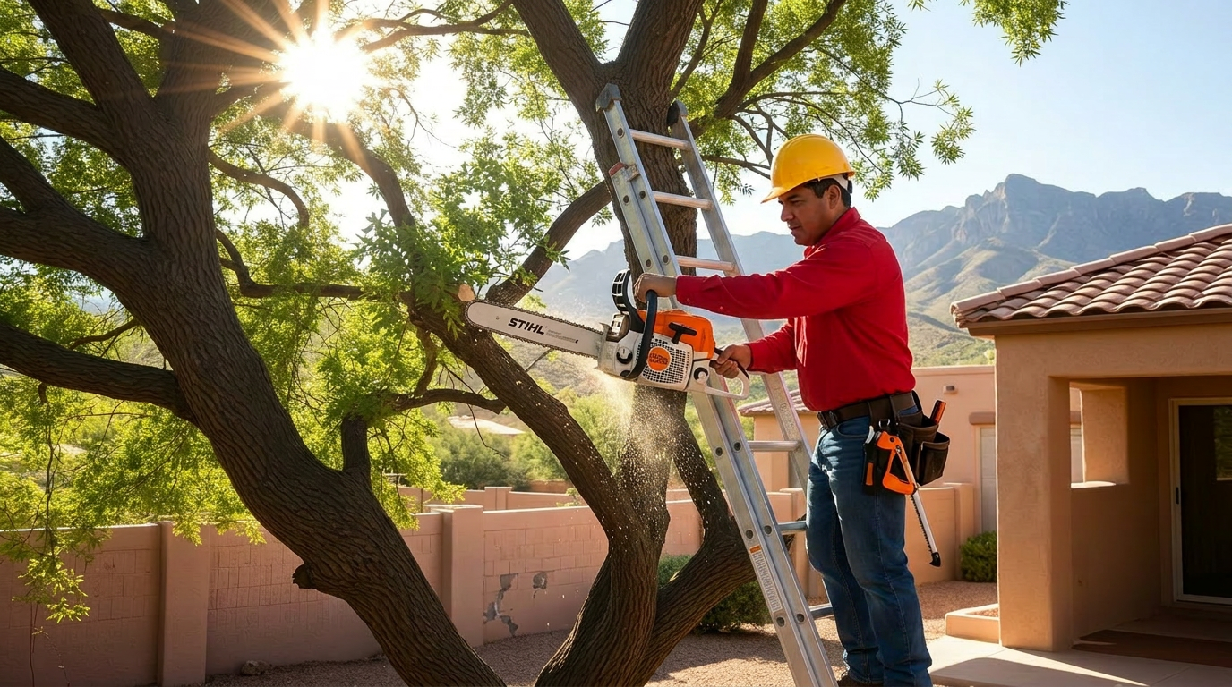 Arborist trimming a large tree in an El Paso backyard with the Franklin Mountains in the background